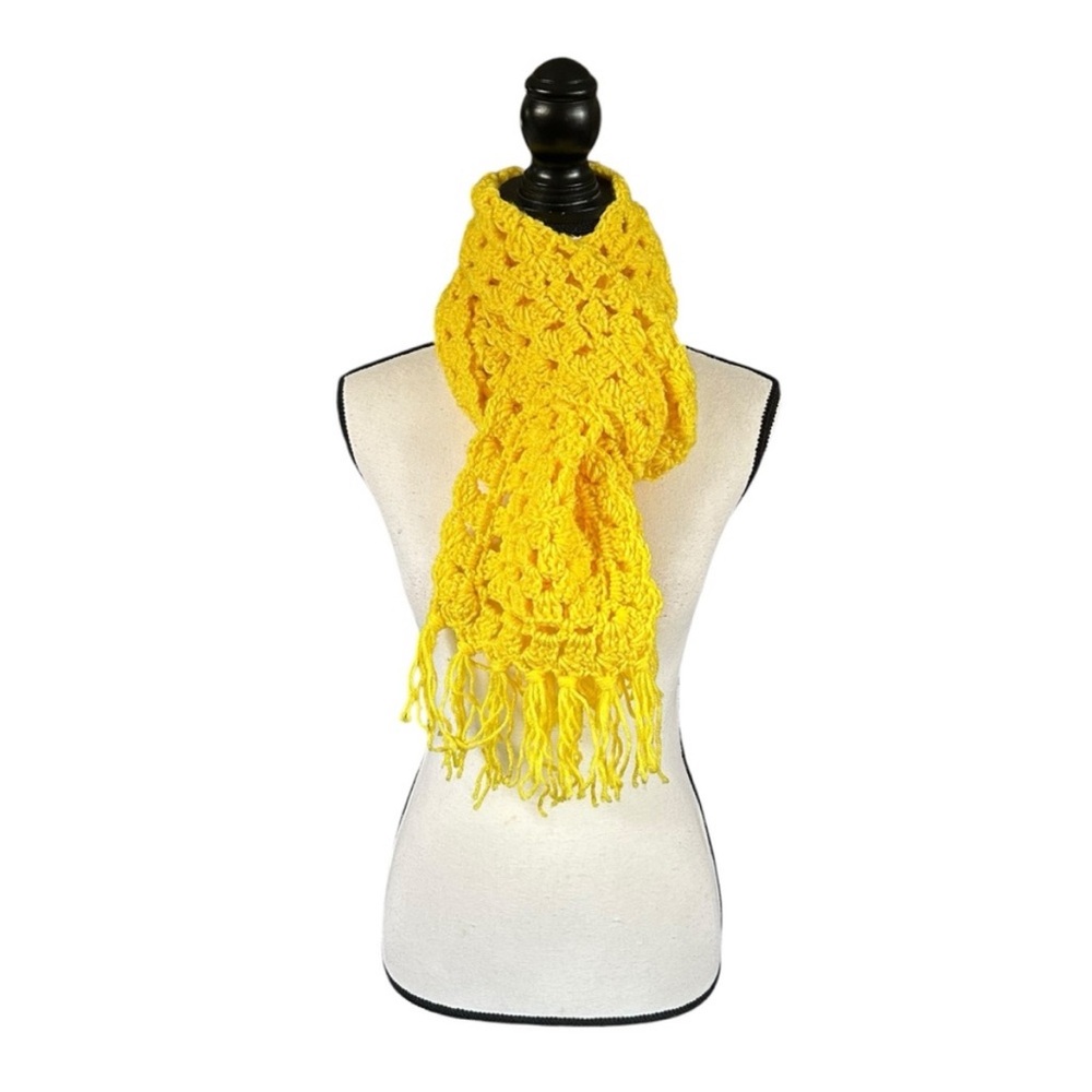 Vintage Handmade Crocheted Fringe Scarf Yellow Retro Grannycore Knit Fall OOAK